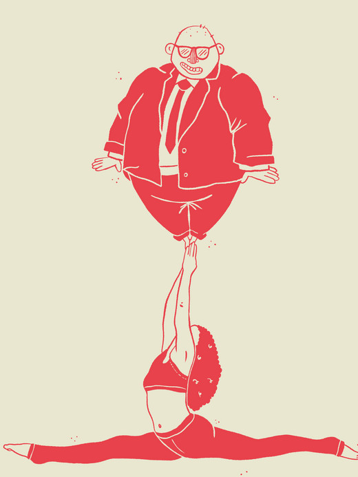 Eine Frau in Sportkleidung macht einen Spagat, während sie mit einer Hand einen großen Mann im Anzug mit Sonnenbrille über sich balanciert. Die Illustration ist in Rottönen auf hellem Hintergrund gehalten.