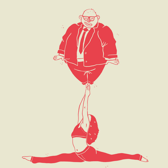 Eine Frau in Sportkleidung macht einen Spagat, während sie mit einer Hand einen großen Mann im Anzug mit Sonnenbrille über sich balanciert. Die Illustration ist in Rottönen auf hellem Hintergrund gehalten.