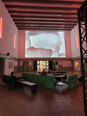 In einem geräumigen Raum mit hohen Decken sitzen einige Leute auf Sofas und sehen sich einen Schwarz-Weiß-Film an, der auf eine große Leinwand an der Stirnseite projiziert wird. Der Raum ist mit rosafarbenen Neonlichtern an den Wänden schwach beleuchtet.