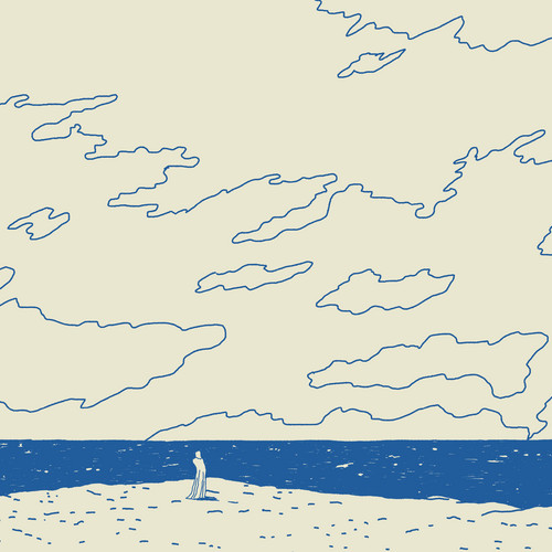 Eine minimalistische Illustration einer Strandszene mit einer einsamen Gestalt, die im Sand steht. Das Meer ist blau und der Himmel ist voller abstrakter, wolkenartiger Formen. Die Farbpalette ist insgesamt hell mit blauen Umrissen.