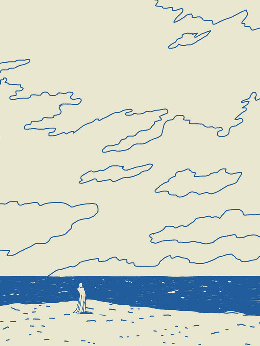 Eine minimalistische Illustration einer Strandszene mit einer einsamen Gestalt, die im Sand steht. Das Meer ist blau und der Himmel ist voller abstrakter, wolkenartiger Formen. Die Farbpalette ist insgesamt hell mit blauen Umrissen.