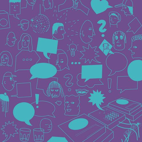 Eine Collage aus verschiedenen blauen Kritzeleien auf violettem Hintergrund mit Gesichtern, Sprechblasen, Fragezeichen, einem Laptop, einer Glühbirne, Herzen und anderen abstrakten Formen, die ein Gefühl von Kommunikation und Interaktion vermitteln.