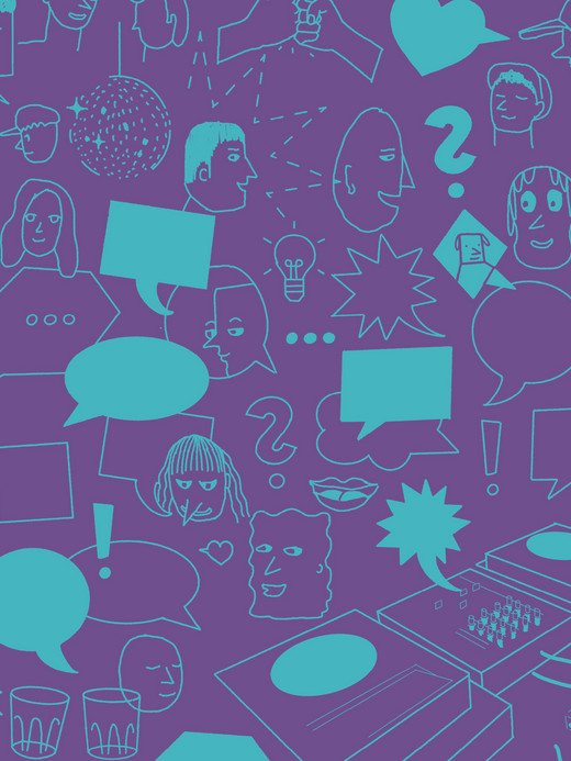 Eine Collage aus verschiedenen blauen Kritzeleien auf violettem Hintergrund mit Gesichtern, Sprechblasen, Fragezeichen, einem Laptop, einer Glühbirne, Herzen und anderen abstrakten Formen, die ein Gefühl von Kommunikation und Interaktion vermitteln.