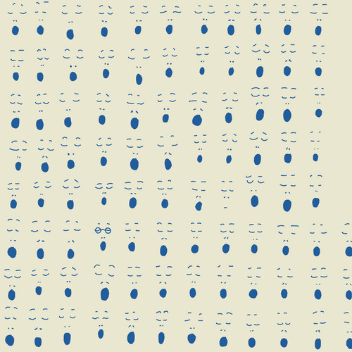 Ein Muster aus verschiedenen minimalistischen, blauen, abstrakten Gesichtern auf hellbeigem Hintergrund. Die Gesichter bestehen aus einfachen Formen wie Kreisen, Linien und Ovalen, die in einer gitterartigen Struktur über das Bild verteilt sind.