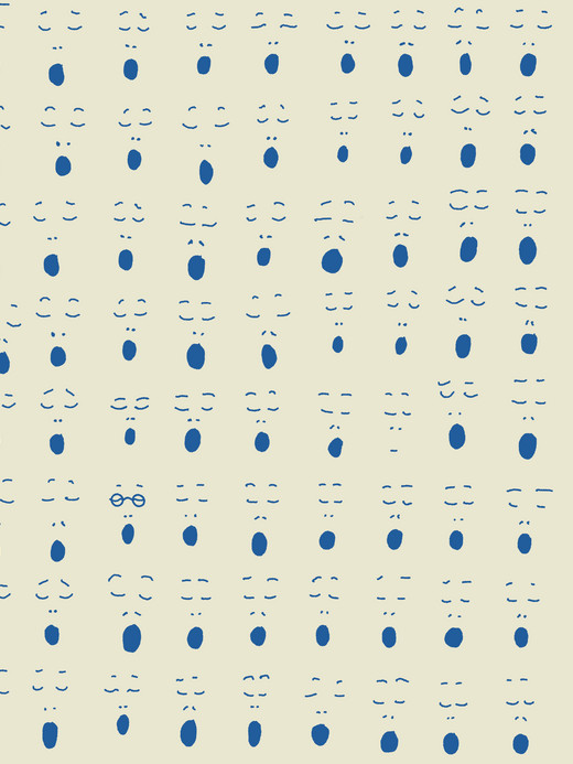 Ein Muster aus verschiedenen minimalistischen, blauen, abstrakten Gesichtern auf hellbeigem Hintergrund. Die Gesichter bestehen aus einfachen Formen wie Kreisen, Linien und Ovalen, die in einer gitterartigen Struktur über das Bild verteilt sind.