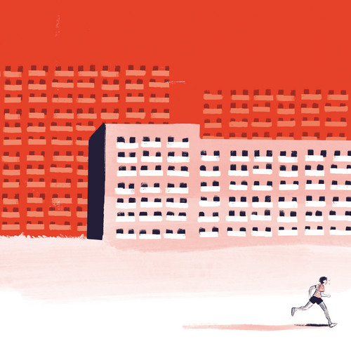 Illustration einer Person, die vor hohen, rechteckigen Gebäuden mit zahlreichen Fenstern vor einem leuchtend orangefarbenen Himmel rennt. Die Szene hat einen minimalistischen und abstrakten Kunststil.