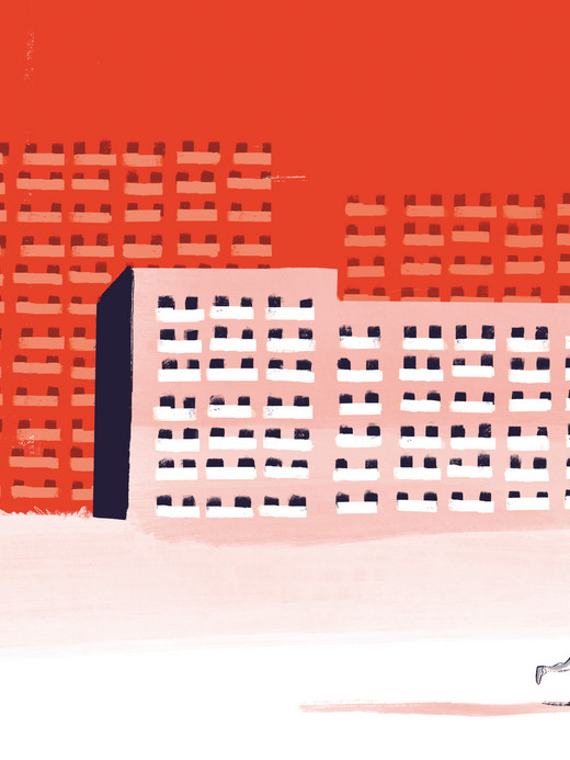 Illustration einer Person, die vor hohen, rechteckigen Gebäuden mit zahlreichen Fenstern vor einem leuchtend orangefarbenen Himmel rennt. Die Szene hat einen minimalistischen und abstrakten Kunststil.
