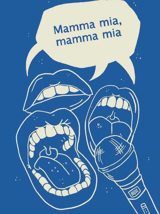 Illustration von drei singenden Comic-Mündern mit einem Mikrofon davor. Über ihnen steht in einer Sprechblase auf blauem Hintergrund „Mamma mia, mamma mia“.
