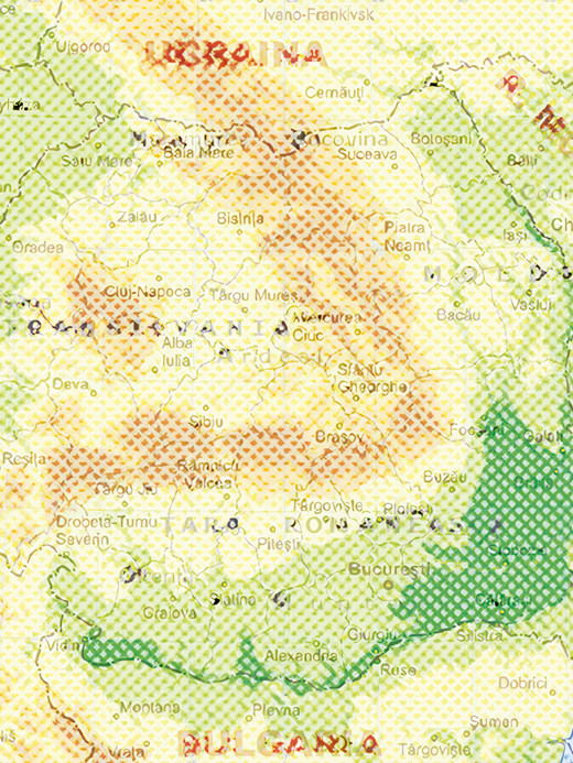 Eine stilisierte topografische Karte von Rumänien, die verschiedene Städte, Gebirgszüge und Regionen in Grün-, Orange- und Gelbtönen zeigt. Städte wie Cluj-Napoca, Constanța und Bukarest sind beschriftet.